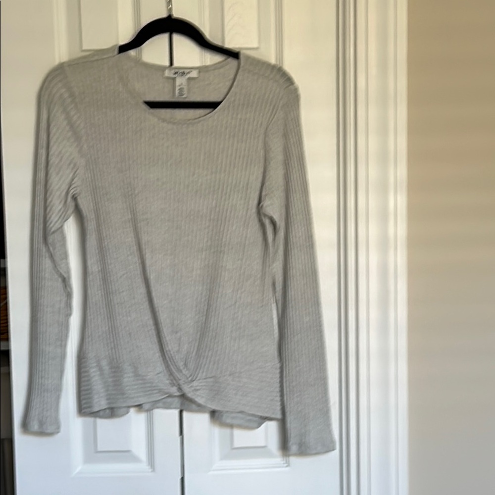 Gray Ribbed Long Sleeve Top Twist Tie Sweater (Large)